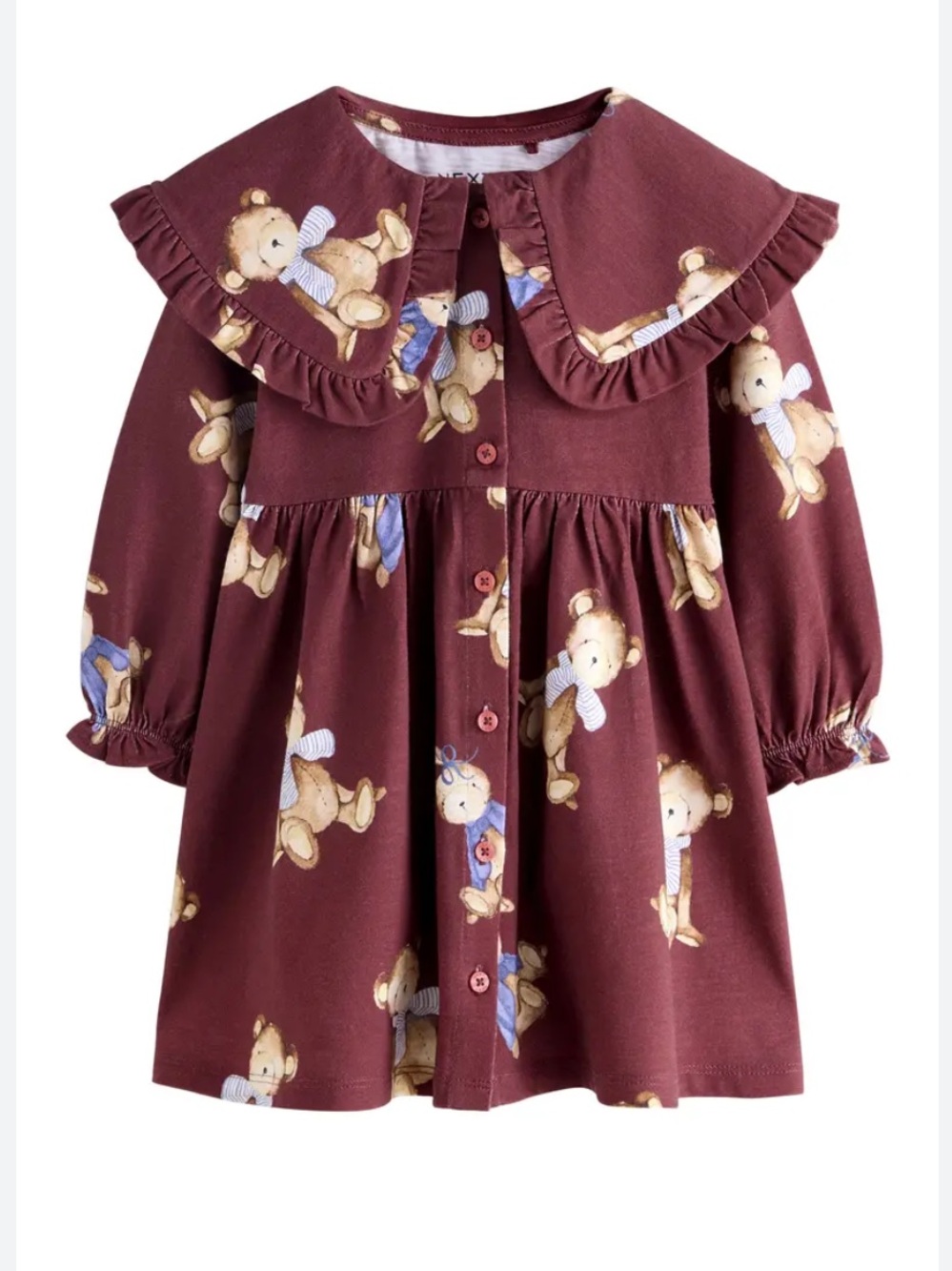 Next Kids' Teddy Bear Print Cotton Jersey Dress Burgundy